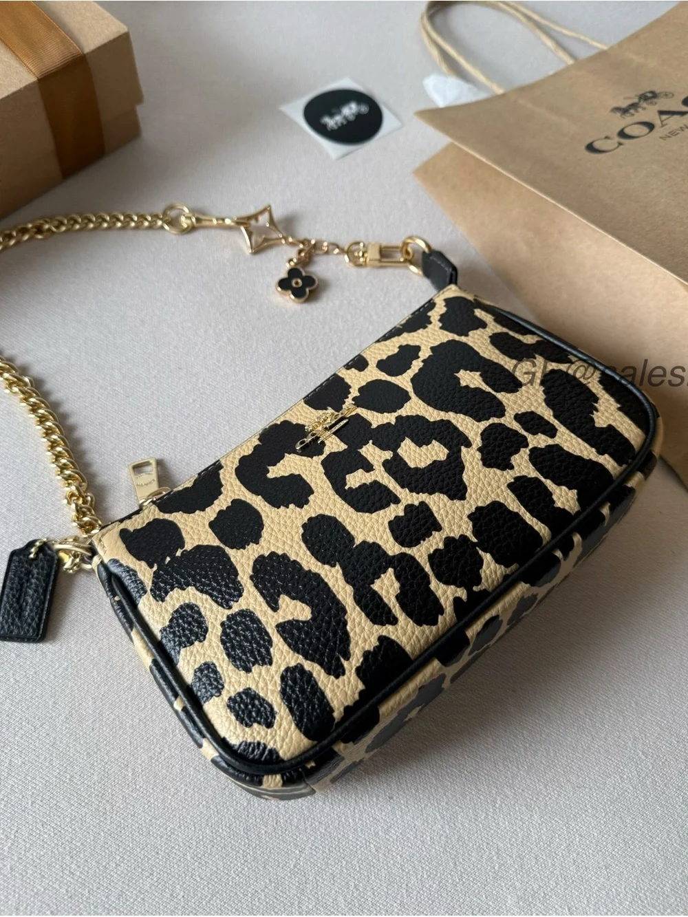 NWT Coach Nolita 19 Wristlet Small Bag Leopard Print Gold/ Gift Set + extender